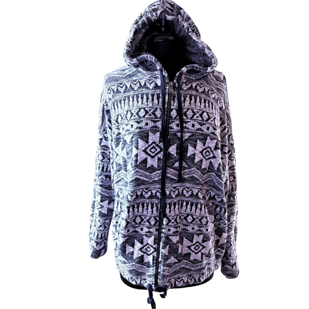 AMERICAN EAGLE Black White Geometric Patterned Sweater Hoodie Full Zipper